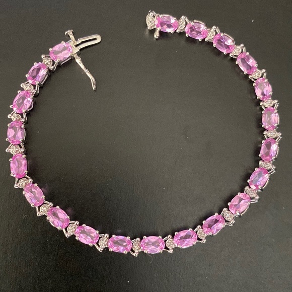 Solid 10K W-Gold Oval Pink Tourmaline 2-Diamonds/Illusions Throughout Tennis - Picture 4 of 9